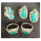 NSJ153 - Five Navajo Sterling Silver Turquoise & Malachite Rings Sz 7.25
