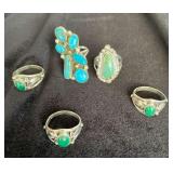 NSJ154 - Five Navajo Sterling Silver Turquoise Rings Sz 7