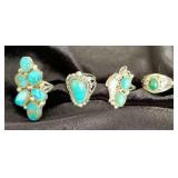 NSJ155 - Four Navajo Sterling Silver Turquoise & Malachite Rings Sz 6.5-7