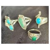 NSJ156 - Four Navajo Sterling Silver Rings With Turquoise & Malachite Stones Sz 6.5-7