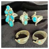 NSJ157 - Five Navajo Sterling Silver Turquoise Rings Sz 8-9