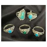 NSJ158 - Five Navajo Sterling Silver Rings With Turquoise & Malachite Sz 8-8.5