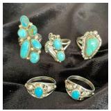 NSJ159 - Five Navajo Sterling Silver Turquoise Rings Sz 8