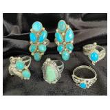 NSJ161 - Five Navajo Sterling Silver Turquoise Rings Sz 7.5-8