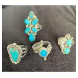 NSJ162 - Four Navajo Sterling Silver Turquoise Rings Sz 8.5-9