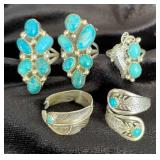 NSJ163 - Five Navajo Sterling Silver Turquoise Rings Sz 7-9.75