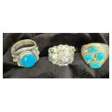 NSJ165 - Three Men’s Navajo Sterling Silver Eagle & Turquoise Rings Sz 11.75-12