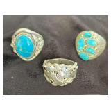 NSJ166 - Three Men’s Navajo Sterling Silver Eagle & Turquoise Rings Sz 11.5-12