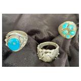 NSJ167 - Three Men’s Sterling Silver Eagle & Turquoise Rings Sz 11.75
