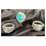 NSJ169 - Three Men’s Navajo Sterling Silver Eagle & Turquoise Rings Sz 13