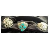 NSJ170 - Three Men’s Navajo Sterling Silver Eagle, Feather, & Turquoise Rings Sz 13.5
