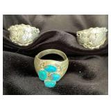 NSJ171 - Three Men’s Navajo Sterling Silver Eagle & Turquoise Rings Sz 13.5