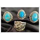 NSJ176 - Four Navajo Sterling Silver Wild Horse & Turquoise Rings Sz 9.5-10