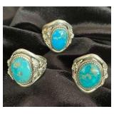 NSJ177 - Three Men’s Navajo Sterling Silver Turquoise Rings Sz 9.5-10