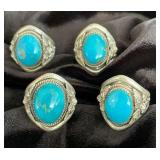 NSJ179 - Four Men’s Navajo Sterling Silver Turquoise Rings Sz 10.5-11