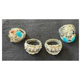 NSJ182- (4) Najavo Sterling Silver Rings Sz 10.5-11 With Turquoise & Gem Stones