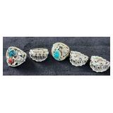NSJ186- (5) Najavo Sterling Silver Rings Sz 11.75-12.5 With Turquoise & Gemstones