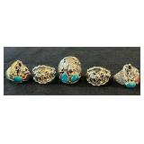 NSJ197- (5) Najavo Sterling Silver Rings Sz 11-12 With Turquoise/Gemstones