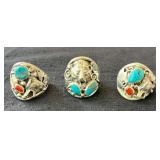 NSJ203- (3) Najavo Sterling Silver Rings Sz 14-14.5 With Turquoise/Gemstones