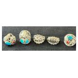 NSJ204- (5) Najavo Sterling Silver Rings Sz 12.25-12.5 With Turquoise/Gemstones