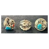 NSJ210- (3) Najavo Sterling Silver Rings Sz 9.75-10.25 With Turquoise/Gemstones