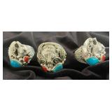 NSJ211 - Three Mens Navajo Sterling Silver Turquoise & Coral Rings Sz 10-10.5