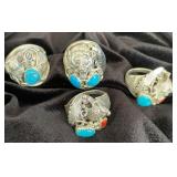 NSJ214 - Four Mens Navajo Sterling Silver Turquoise & Coral Rings Sz 13.25-13.5