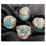 NSJ215 - Four Mens Navajo Sterling Silver Rings With Turquoise & Coral Sz 13.25-13.75
