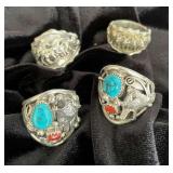 NSJ223 - Mens Four Navajo Sterling Silver Rings Sz 12.5-13