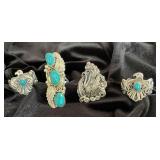 NSJ224 - Four Navajo Sterling Silver Rings With Turquoise Sz 6-6.5