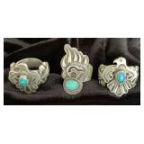 NSJ225 - Three Navajo Sterling Silver Rings With Turquoise Sz 5-5.5