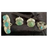 NSJ229 - Four Navajo Sterling Silver Rings With Turquoise Sz 8.5-8.75
