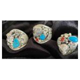 NSJ234 - Three Men’s Navajo Sterling Silver Rings With Turquoise & Coral Sz 14-14.75