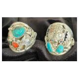 NSJ235 - Two Men’s Navajo Sterling Silver Rings With Turquoise Sz 12