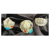 NSJ239 - Three Men’s Navajo Sterling Silver Rings With Turquoise & Coral Sz 13