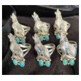 NSJ243 - Six Navajo Sterling Silver Baying Wolf Rings Sz 8
