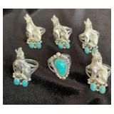NSJ245 - Six Navajo Sterling Silver Rings With Turquoise Sz 8.5-9