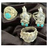NSJ246 - Four Mens Navajo Sterling Silver Wolves Rings With Turquoise Sz 8.5-9