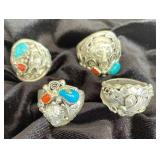 NSJ247 - Four Men’s Navajo Sterling Silver Rings With Turquoise & Coral Sz 14-14.5