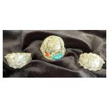 NSJ248 - Three Men’s Navajo Sterling Silver Rings With Turquoise & Coral Sz 14-14.25