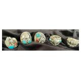 NSJ251 - Five Men’s Navajo Sterling Silver Rings With Turquoise Sz 11-11.5