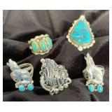 NSJ255 - Five Navajo Sterling Silver Rings With Turquoise Sz ￼