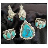 NSJ256 - Five Navajo Sterling Silver Rings With Turquoise Sz 6.5-7