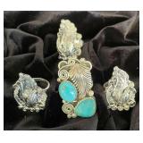 NSJ262 - Four Navajo Sterling Silver Rings With Turquoise Sz 9-9.25