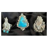 NSJ268 - Three Navajo Sterling Silver Rings With Turquoise Sz 9-10