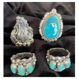 NSJ274 - Four Navajo Sterling Silver Rings With Turquoise Sz 7.5-8.5
