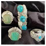 NSJ275 - Four Navajo Sterling Silver Rings With Turquoise Sz 8.5-9