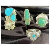 NSJ276 - Four Navajo Sterling Silver Rings With Turquoise Sz 8.5-9