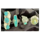 NSJ277 - Four Navajo Sterling Silver Rings With Turquoise Sz 8.5