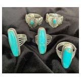 NSJ278 - Five Navajo Sterling Silver Rings With Turquoise Sz 8